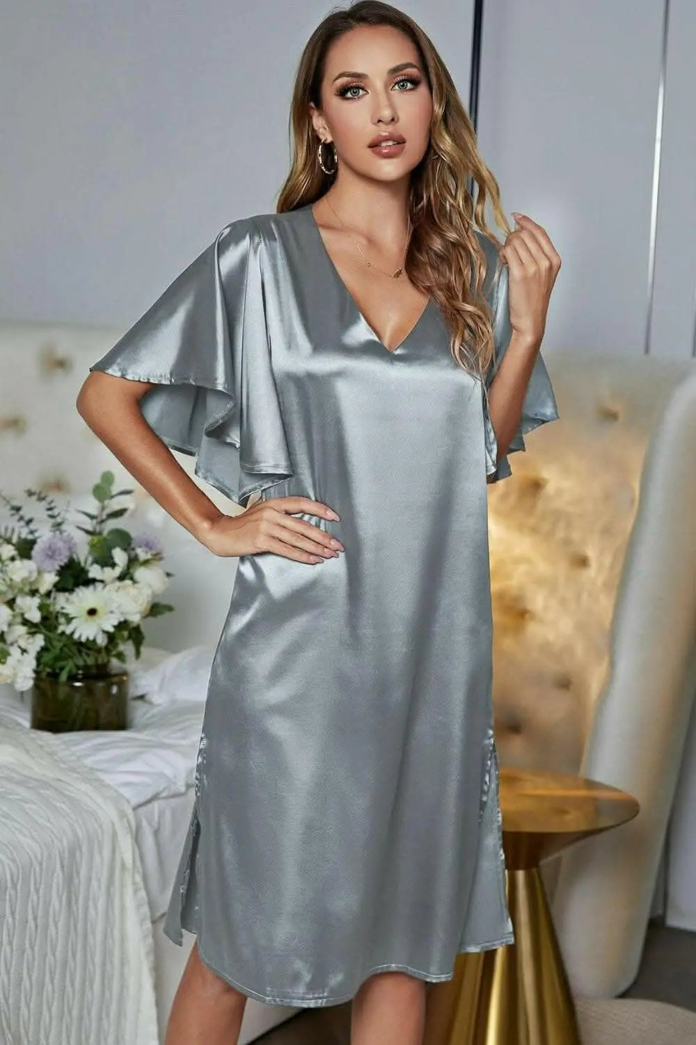 Satin v-neck nightgown with flutter sleeves - Love Salve